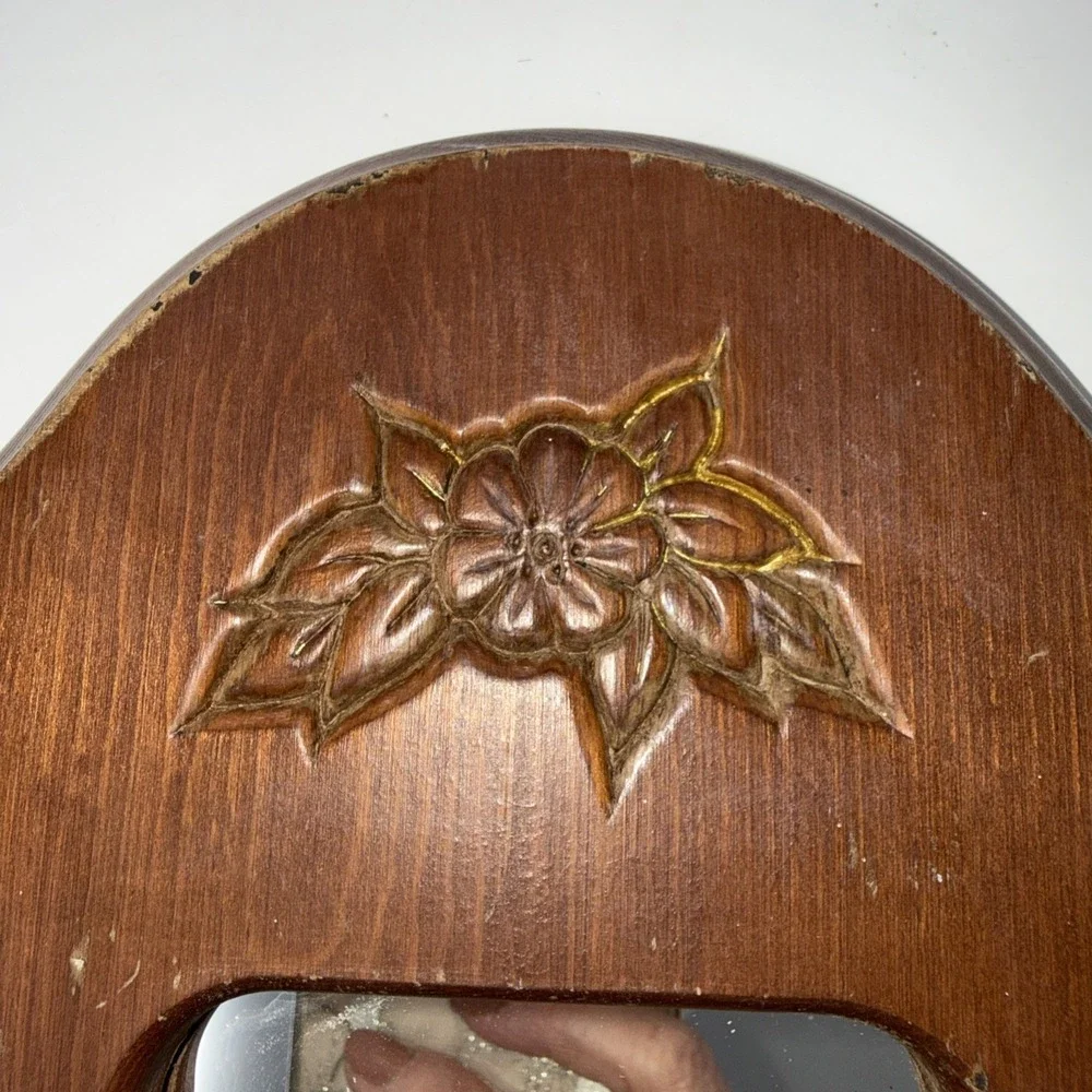 VTG Wooden Wall Mirror Hanging Shelf Floral Etched Cottage Farmhouse 15X8.5 In